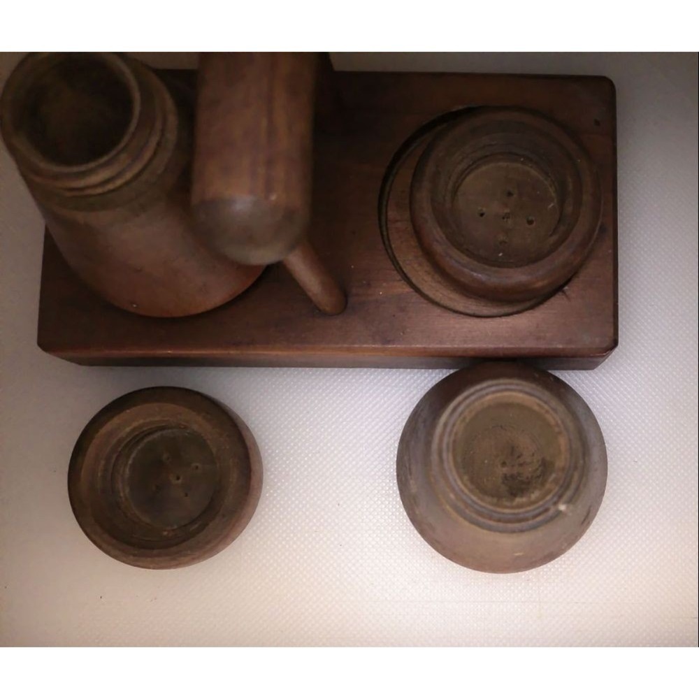 Vintage Amber Lowball Glasses Set of 6 with Wooden Caddy and Salt Pepper - Picture 6 of 8